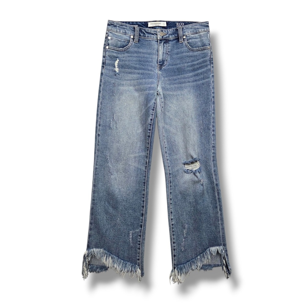 Liverpool Straight Jeans Womens 4 Eco Logical Distressed Chew Hem Mid Rise Denim